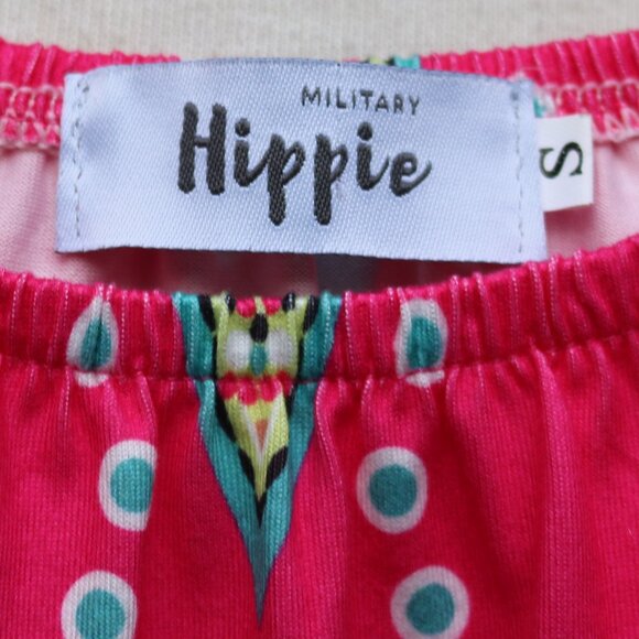 Mlitary Hippie Pink Aqua Multicolor Pattern Elastic Neck 3/4 Sleeve Knit Dress - Picture 4 of 5